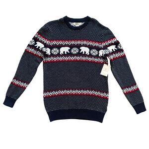 Aspen Polar Bear Sweater Mens Sz S Small Navy Fair Isle Knit Holiday NWT Cotton